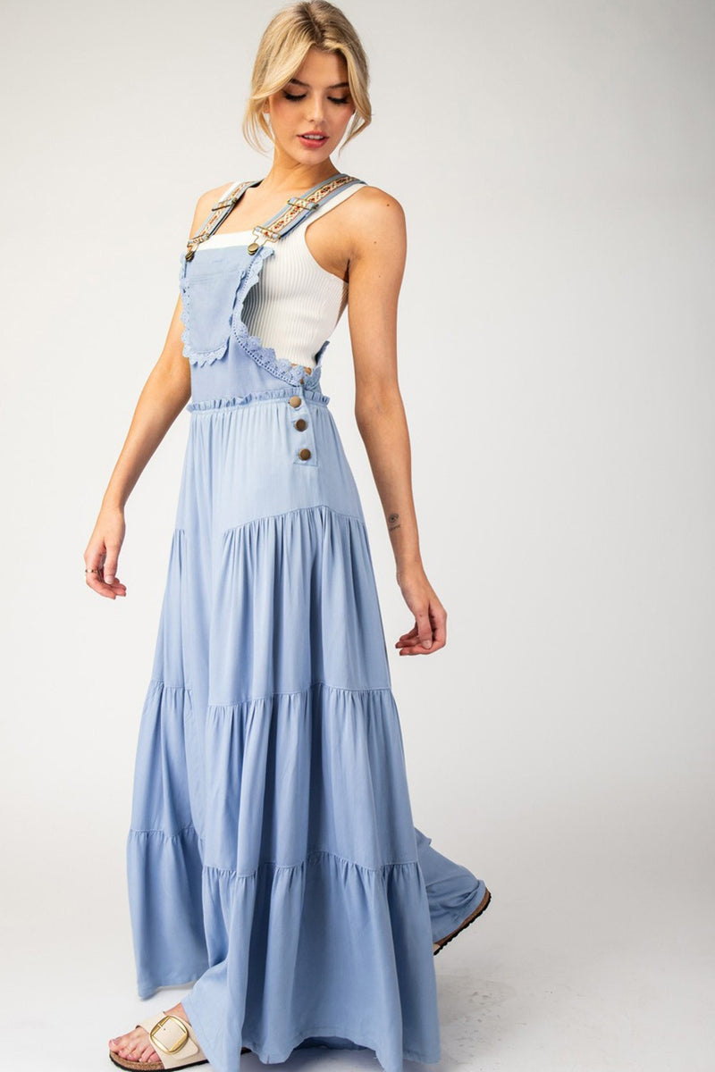 Lace Trim Tiered Sleeveless Jumpsuit (Denim)