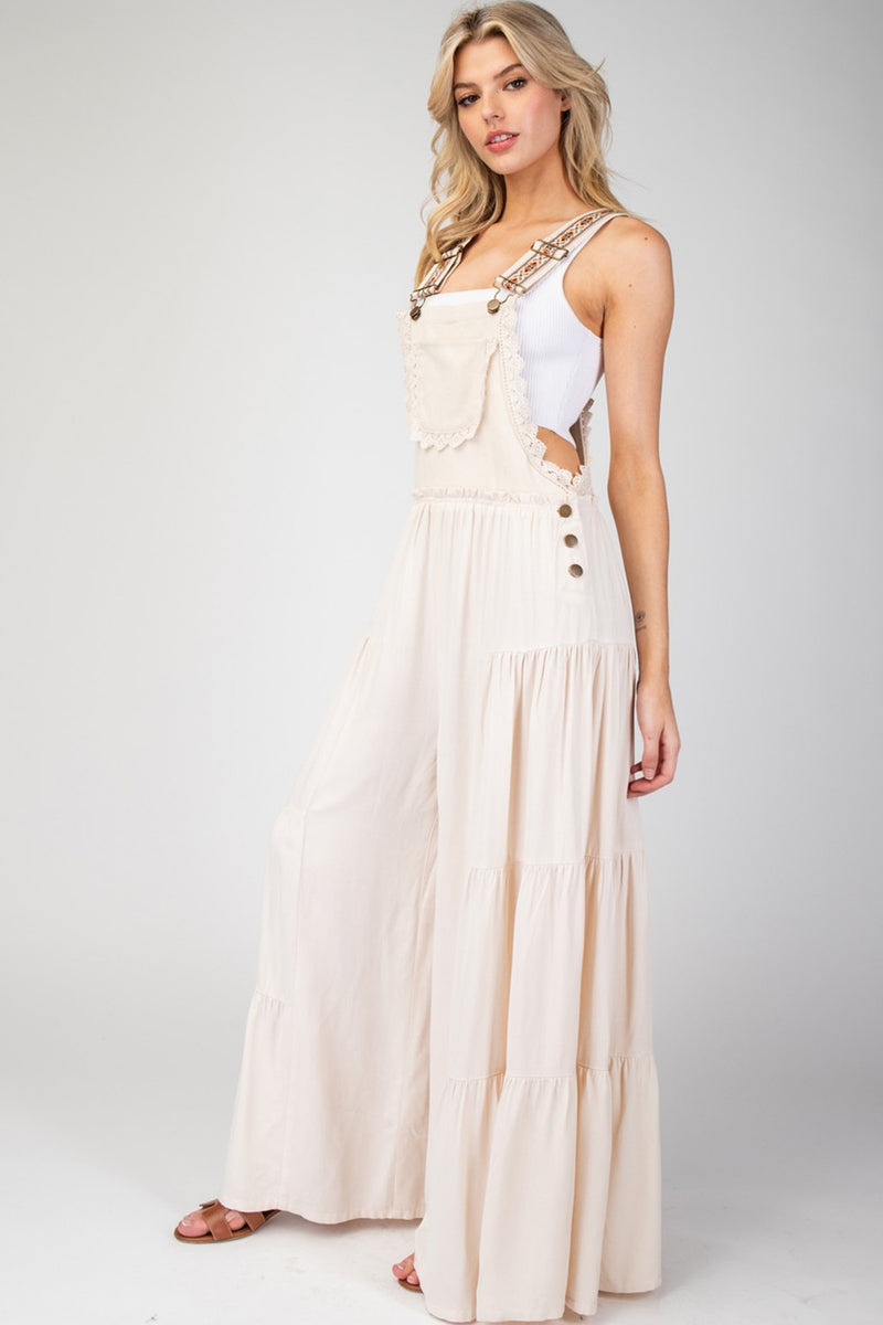 Lace Trim Tiered Sleeveless Jumpsuit (Oatmeal)