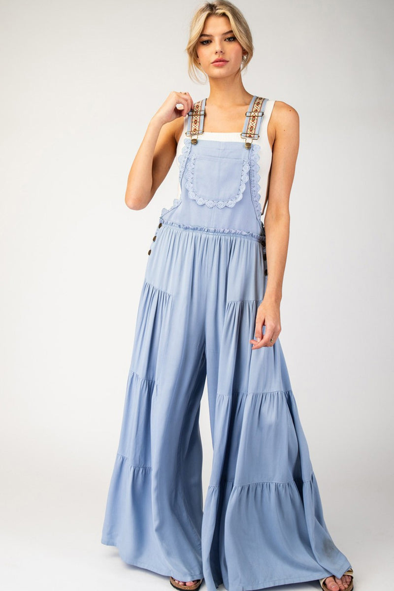 Lace Trim Tiered Sleeveless Jumpsuit (Denim)