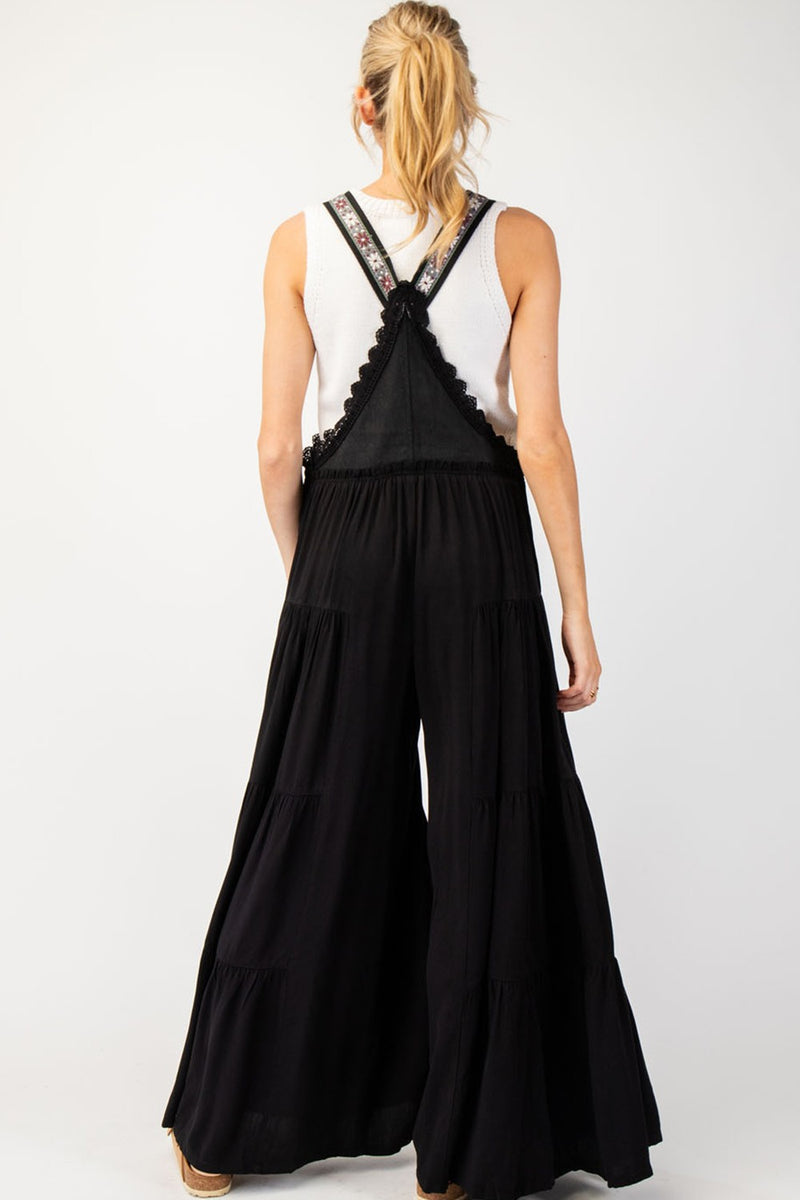 Lace Trim Tiered Sleeveless Jumpsuit (Black)