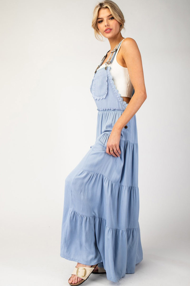 Lace Trim Tiered Sleeveless Jumpsuit (Denim)