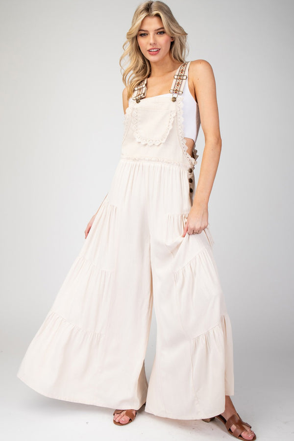 Lace Trim Tiered Sleeveless Jumpsuit (Oatmeal)