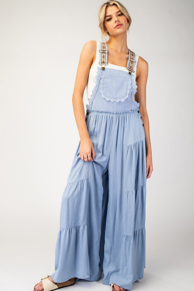 Lace Trim Tiered Sleeveless Jumpsuit (Denim)