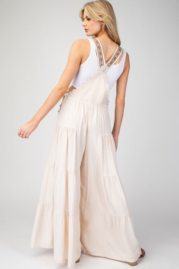 Lace Trim Tiered Sleeveless Jumpsuit (Oatmeal)