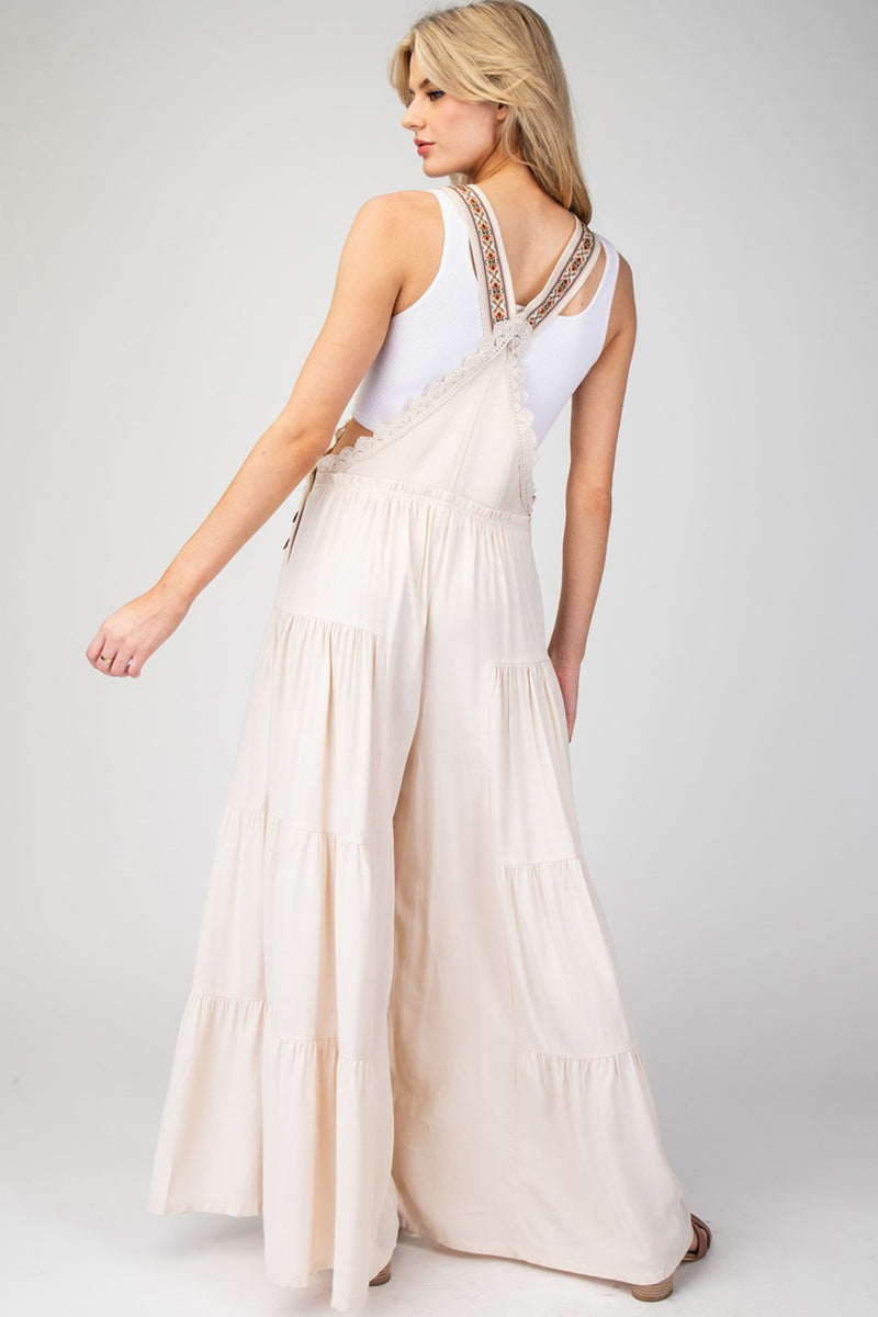 Lace Trim Tiered Sleeveless Jumpsuit (Oatmeal)