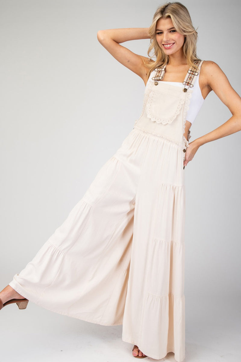 Lace Trim Tiered Sleeveless Jumpsuit (Oatmeal)