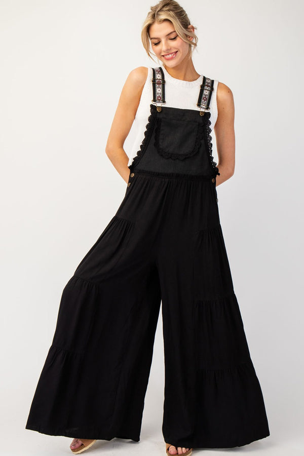 Lace Trim Tiered Sleeveless Jumpsuit (Black)