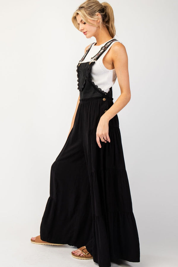 Lace Trim Tiered Sleeveless Jumpsuit (Black)