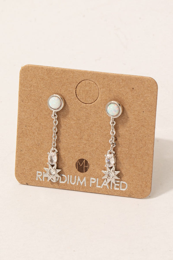 Cz And Opal Stud Chain Dangle Earrings - Silver