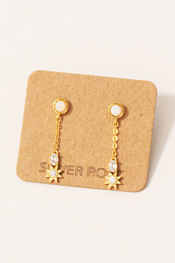 Cz And Opal Stud Chain Dangle Earrings - Gold Dipped