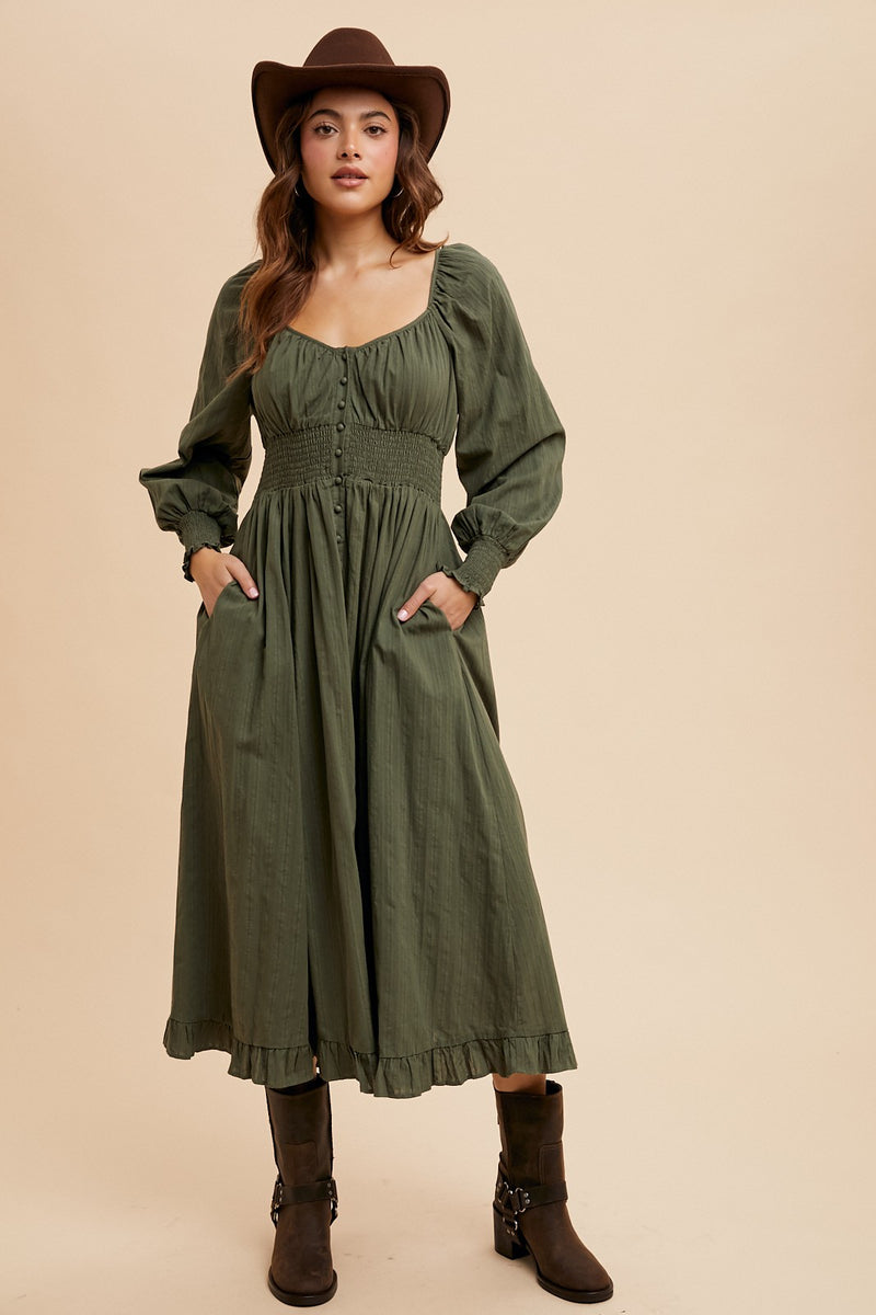 COTTON BUTTON DOWN MIDI DRESS (Forest Green)