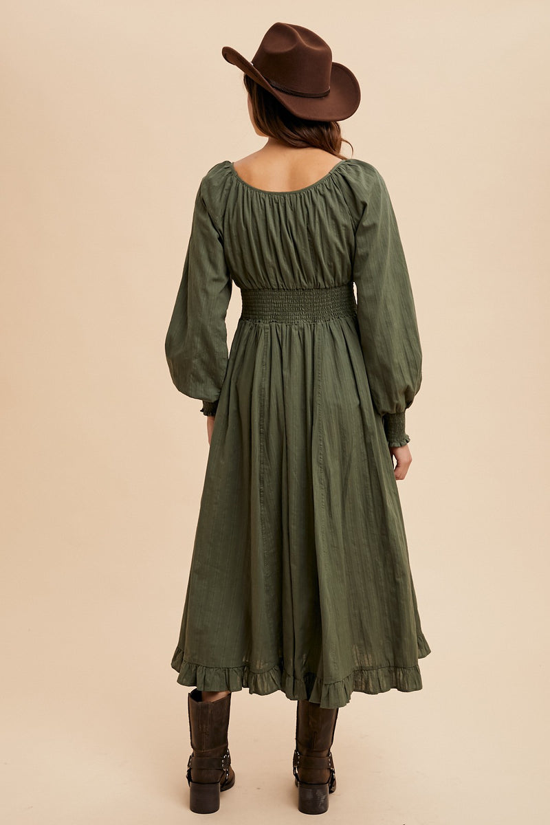 COTTON BUTTON DOWN MIDI DRESS (Forest Green)