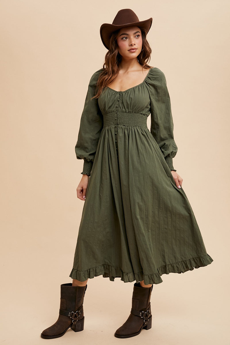 COTTON BUTTON DOWN MIDI DRESS (Forest Green)