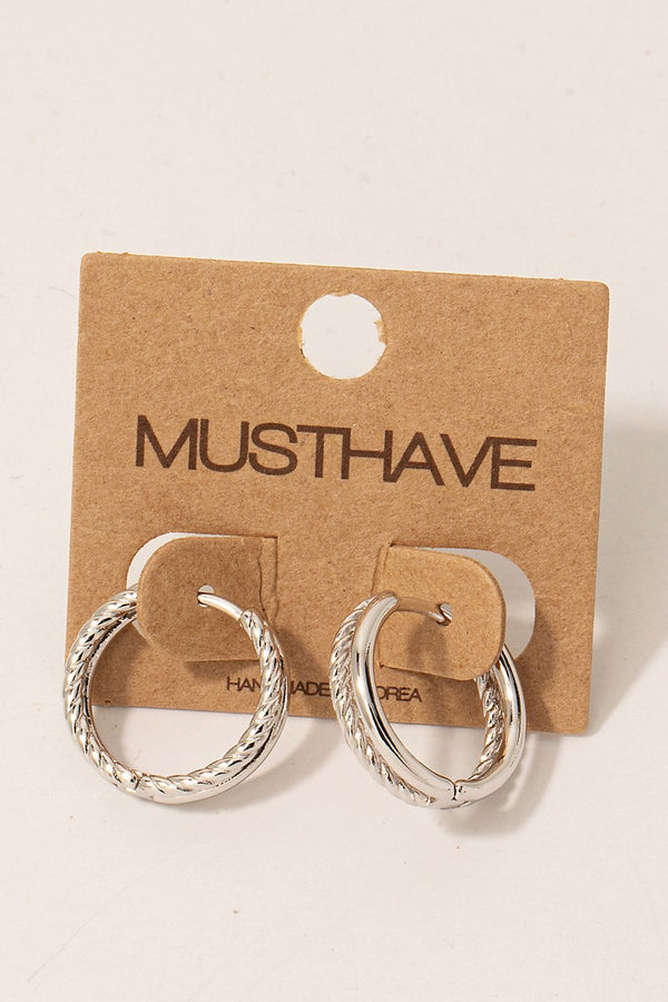 Rope And Smooth Textured Hoop Earrings - Silver