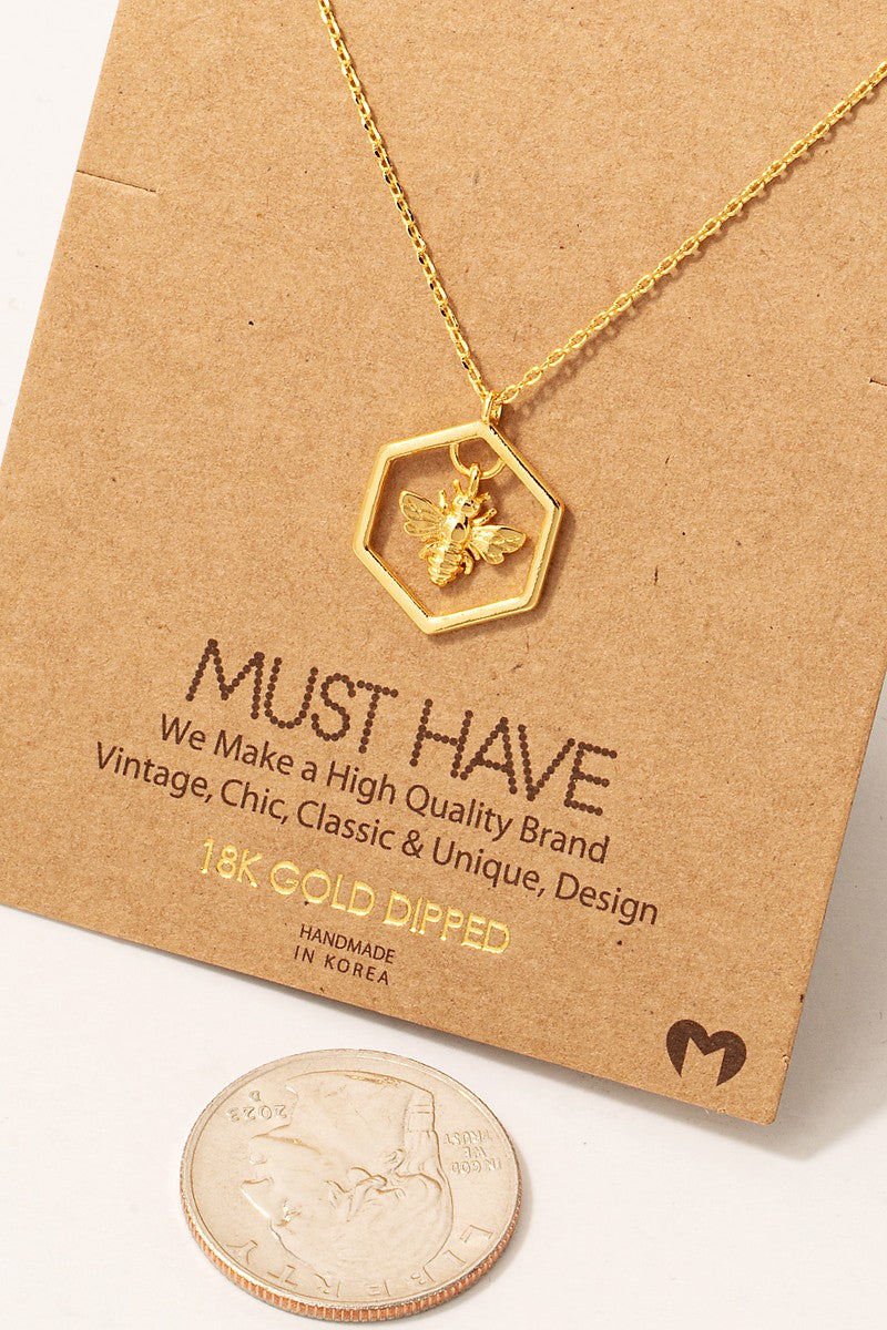 Bumble Bee Hexagon Pendant Necklace - Gold Dipped