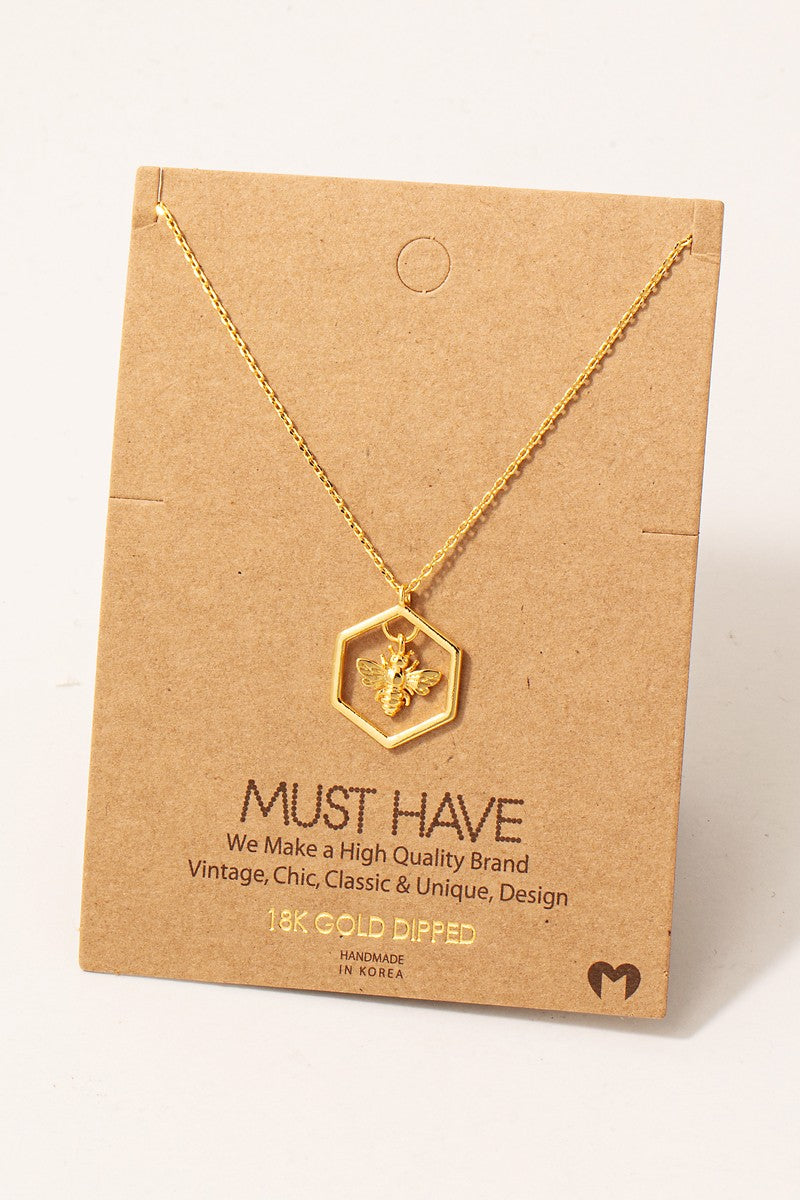 Bumble Bee Hexagon Pendant Necklace - Gold Dipped