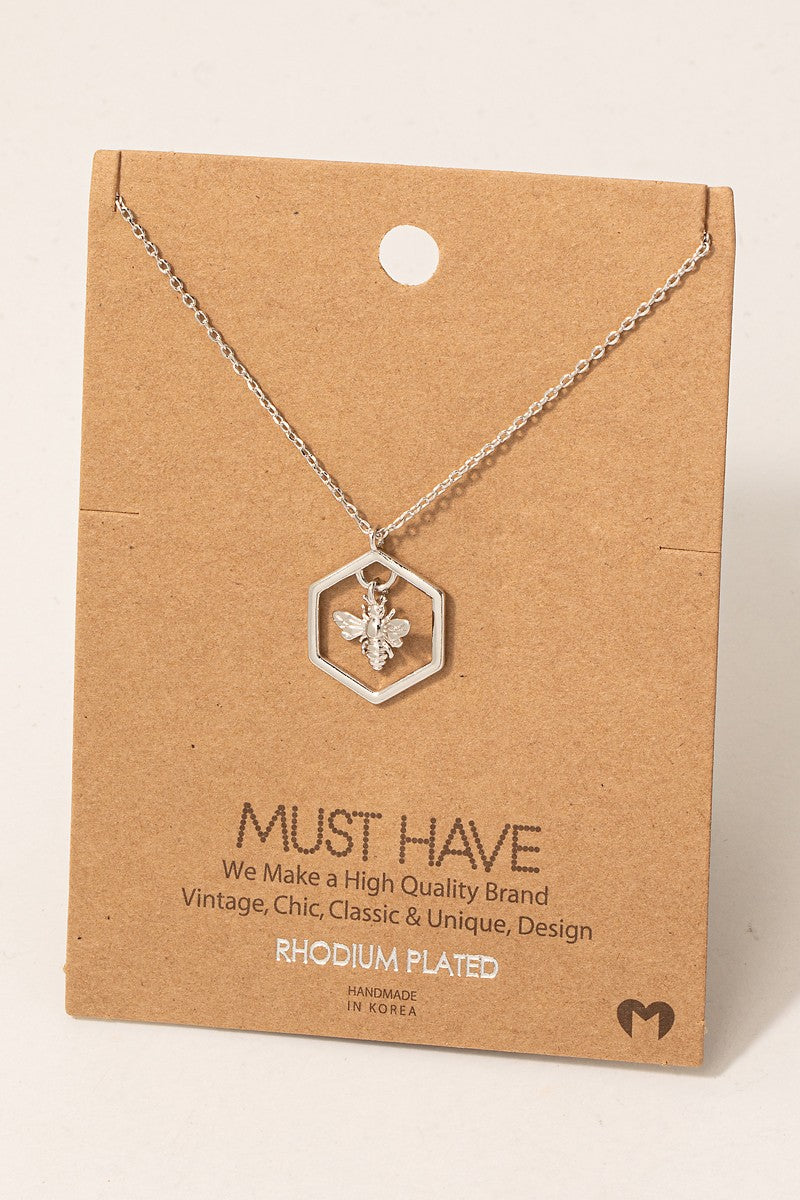 Bumble Bee Hexagon Pendant Necklace - Silver Dipped