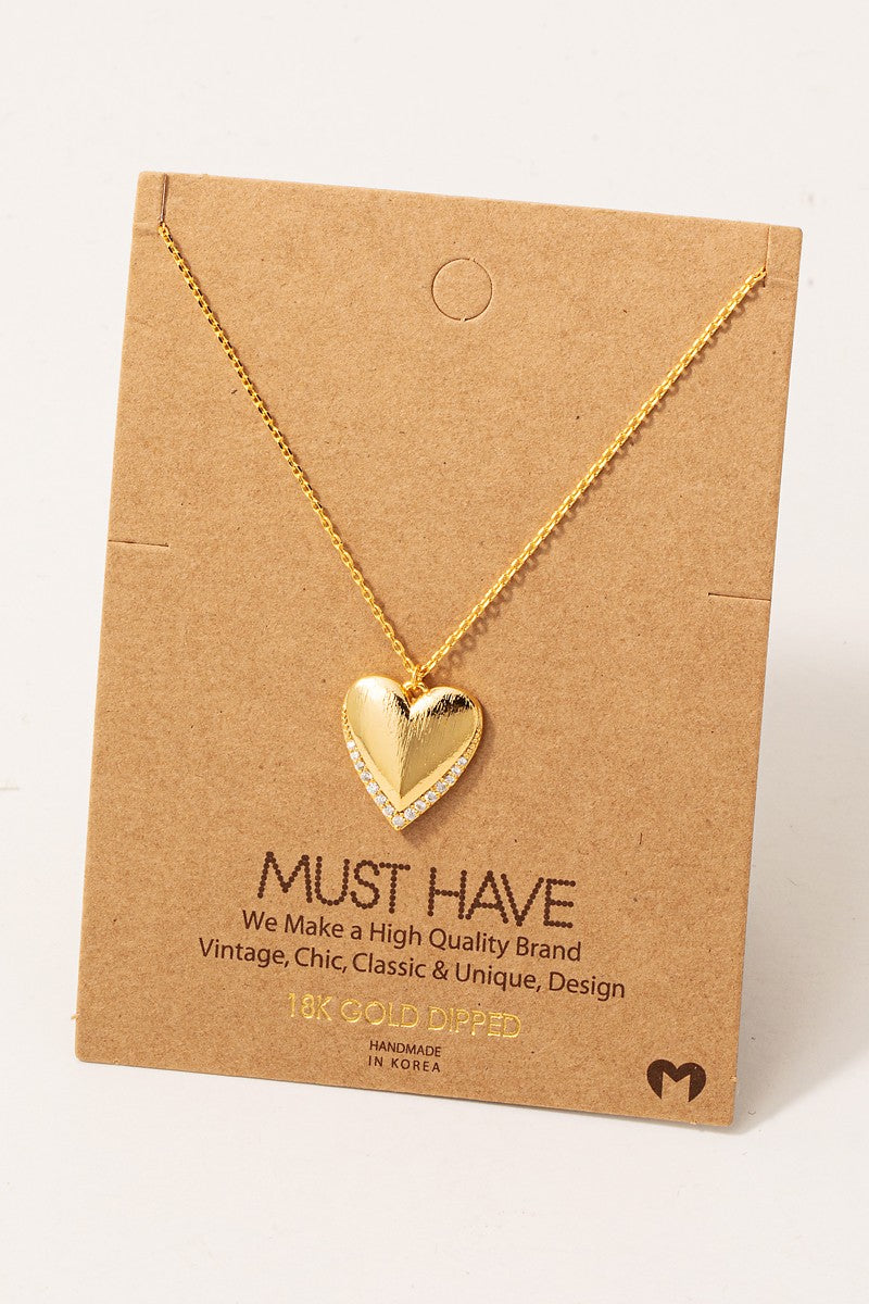 Cz Pave Edge Heart Pendant Necklace - Gold Dipped