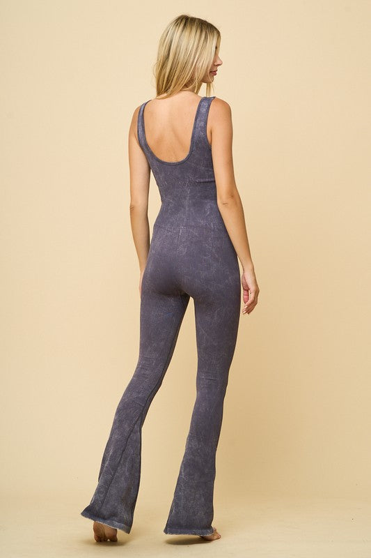 WASHED TANK FIT&FLARE JUMPSUIT in Black