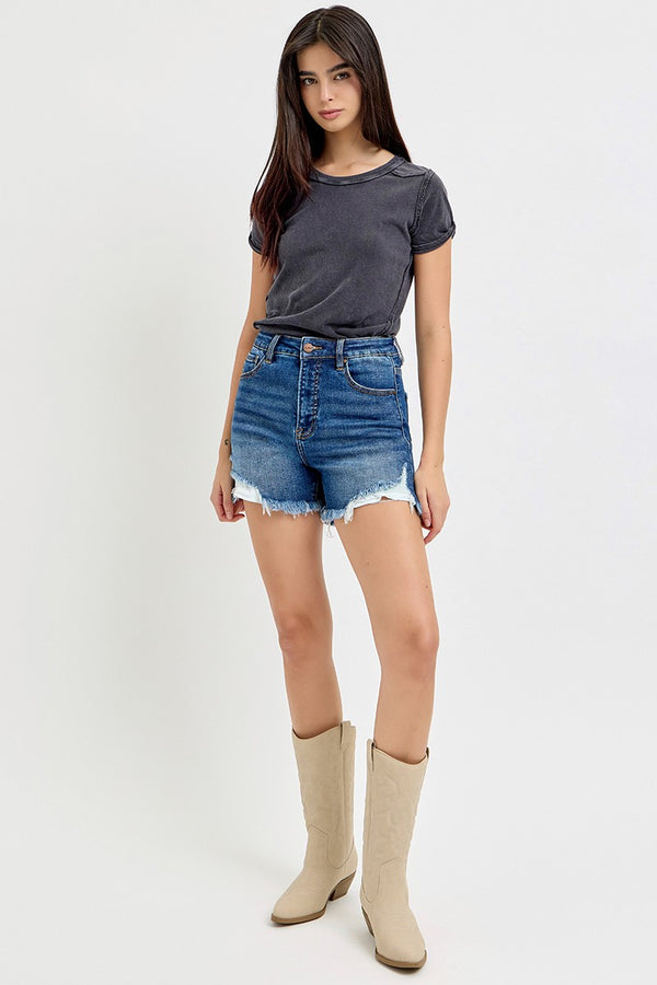 High Rise Side Step Hem Shorts in Dark (SIZE S-XL)