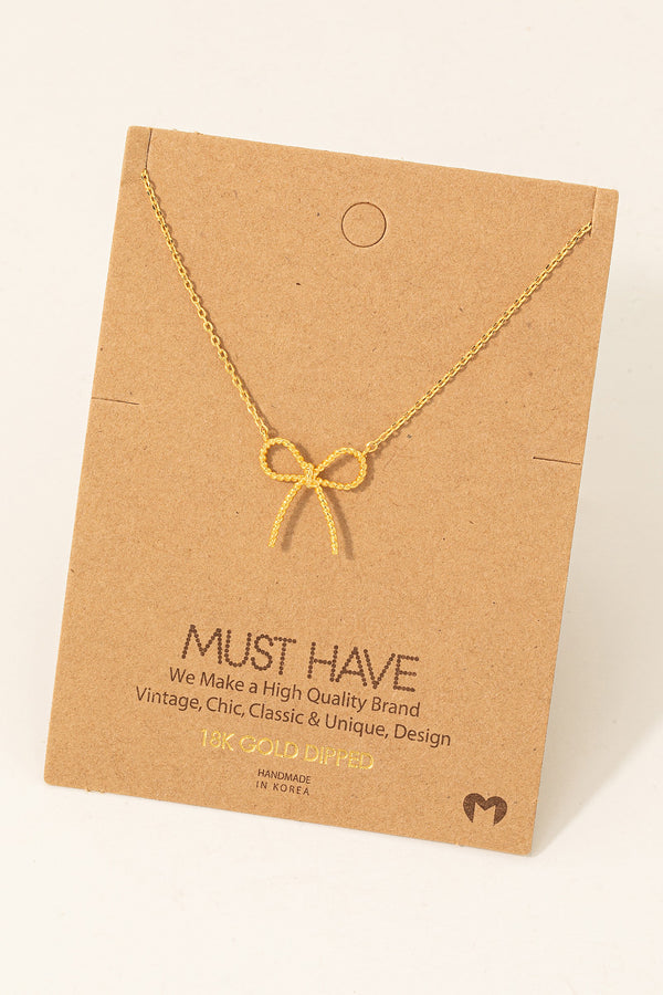 Gold Dipped Textured Ribbon Bow Pendant Chain Necklace (18K Gold Dipped)