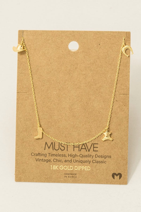 Cowboy Theme Charms Chain Necklace - 18K Gold Dipped
