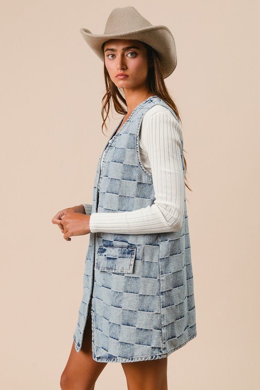 Washed Checker Denim Button Down Long Vest (S-XL)