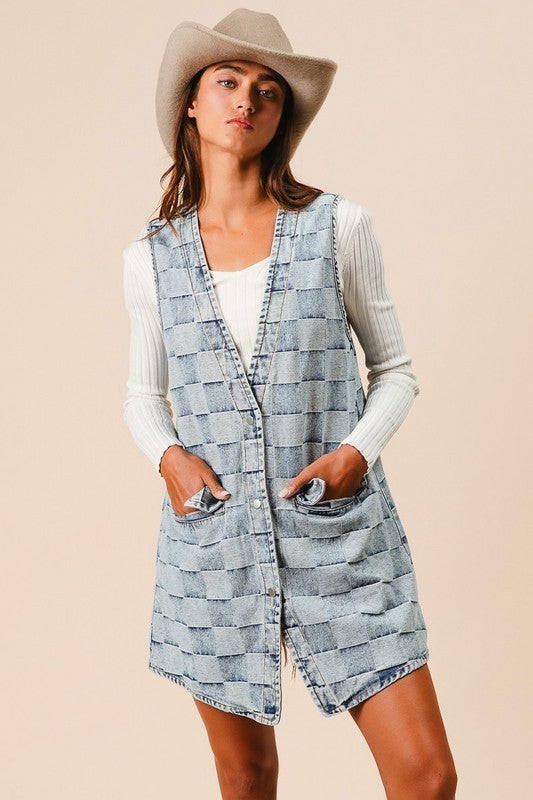 Washed Checker Denim Button Down Long Vest (S-XL)