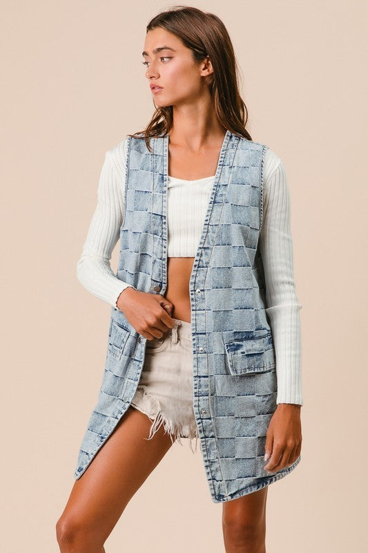 Washed Checker Denim Button Down Long Vest (S-XL)