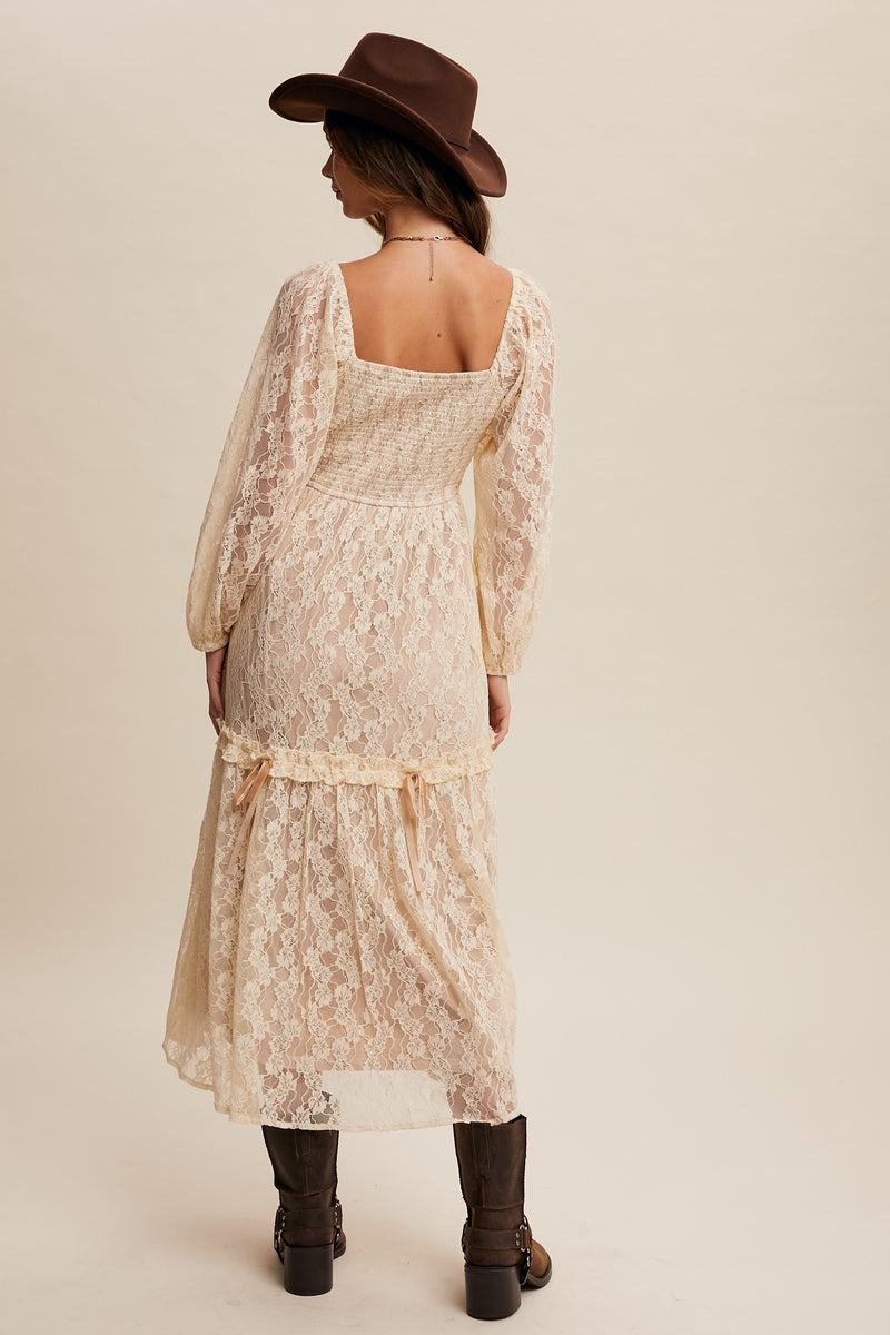 Corset Style Lace Long Sleeve Maxi Dress (Champagne)