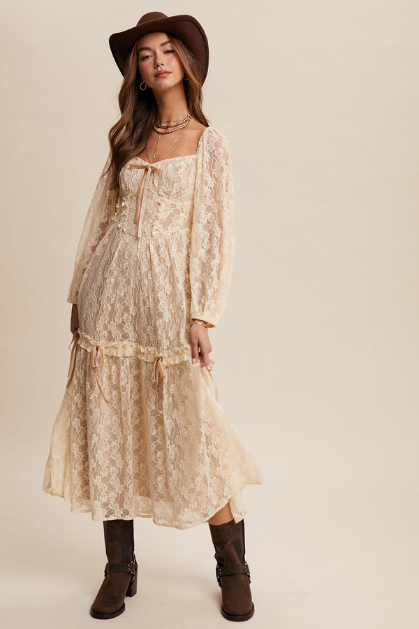 Corset Style Lace Long Sleeve Maxi Dress (Champagne)