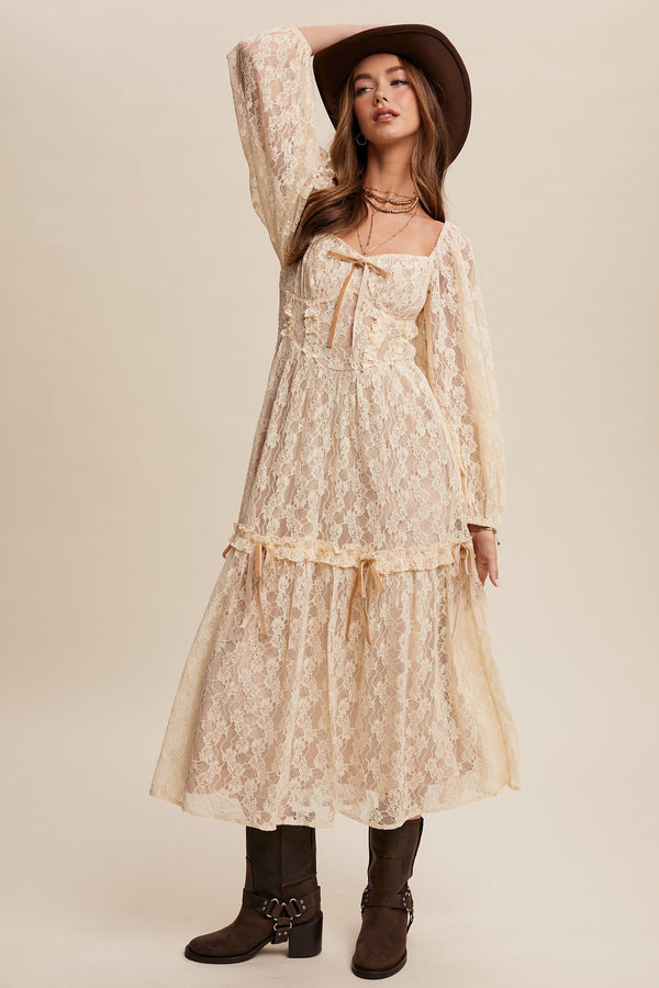 Corset Style Lace Long Sleeve Maxi Dress (Champagne)