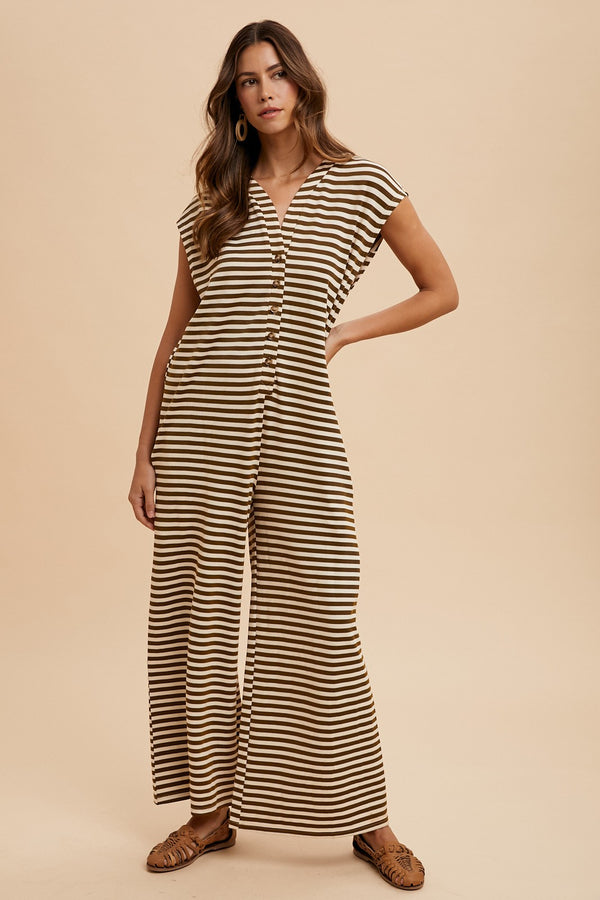 Knit Stripe Wide Leg Button Down Jumpsuit