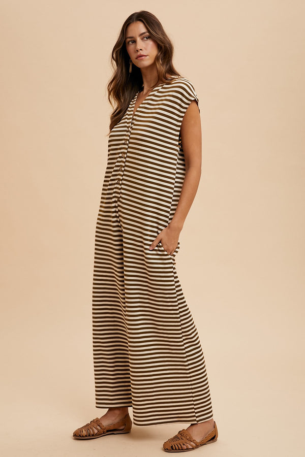 Knit Stripe Wide Leg Button Down Jumpsuit