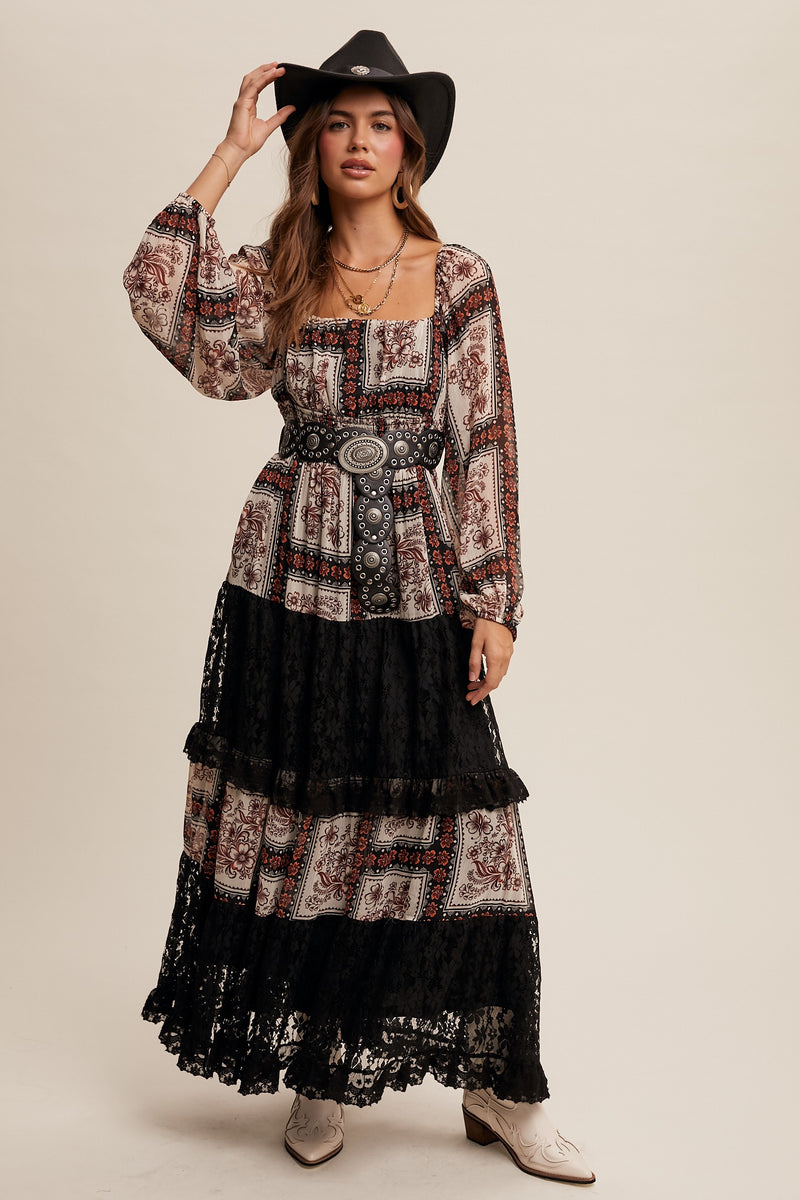 Floral Print Lace Contrast Square Neck Maxi Dress