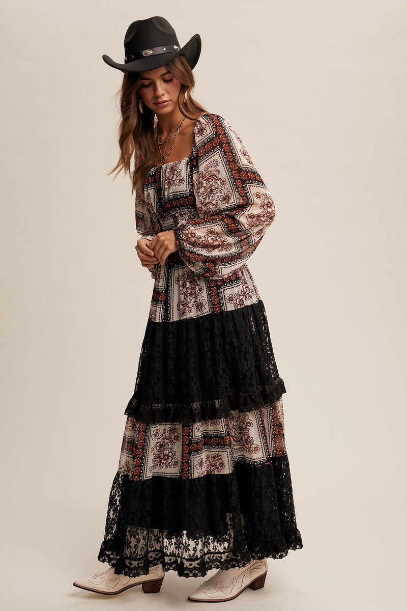 Floral Print Lace Contrast Square Neck Maxi Dress