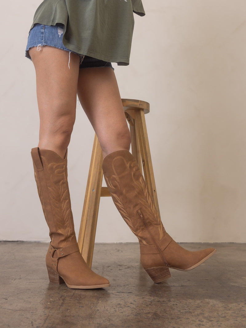 The Faye - Knee High Cowboy Boots in Brown