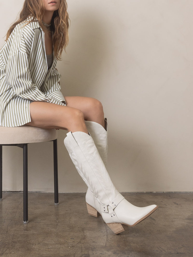 The Faye - Knee High Cowboy Boots in White