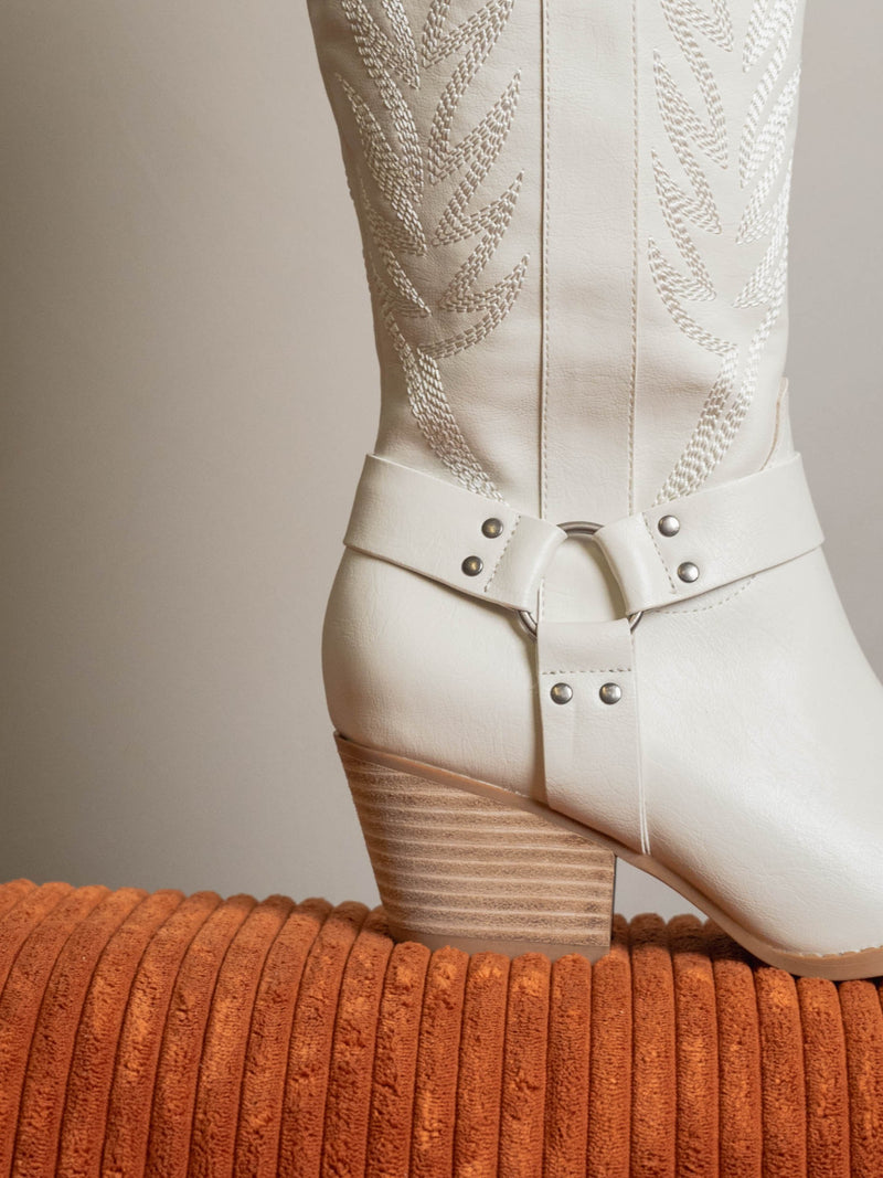 The Faye - Knee High Cowboy Boots in White