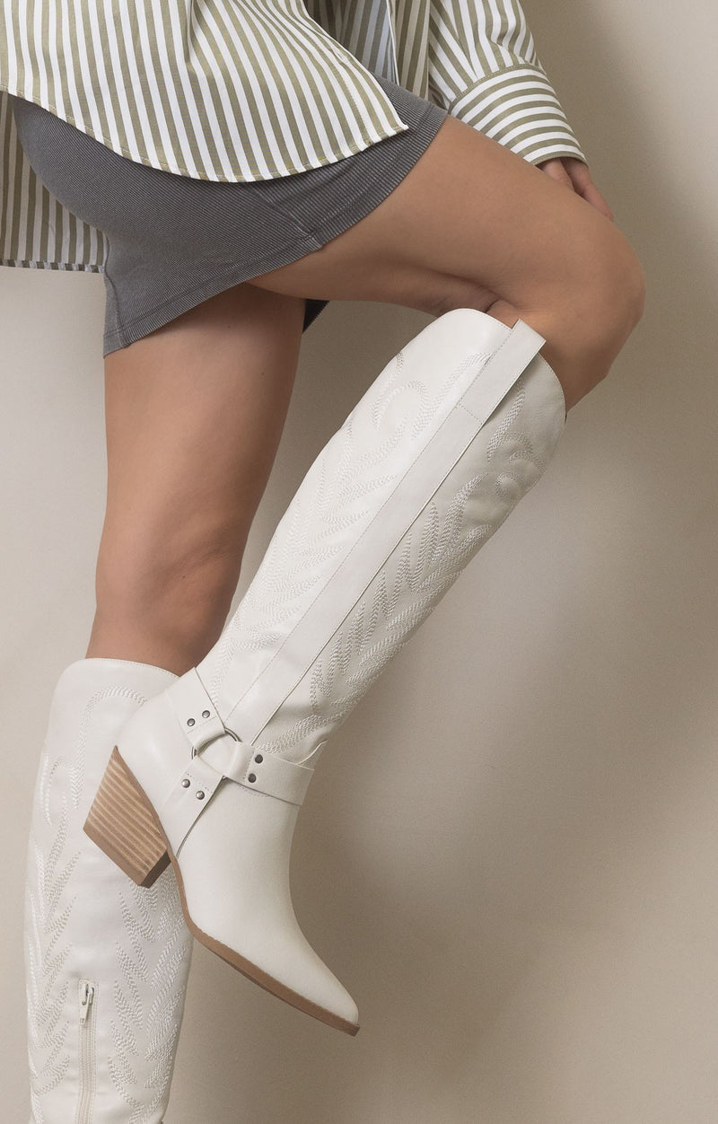 The Faye - Knee High Cowboy Boots in White