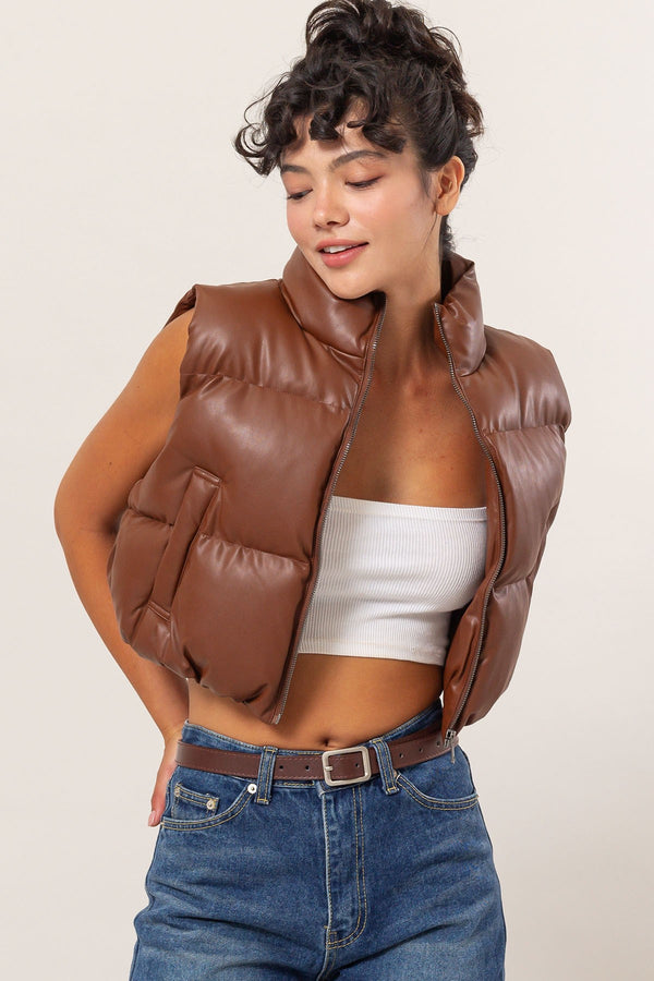 Leather Cropped Puffer Vest (Chestnut)