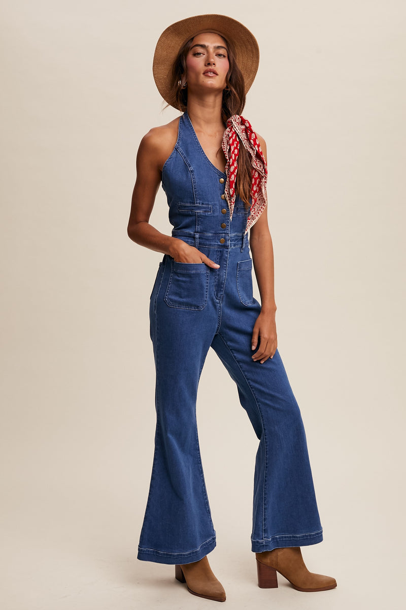 Retro Denim Vest Flared Pants Jumpsuit