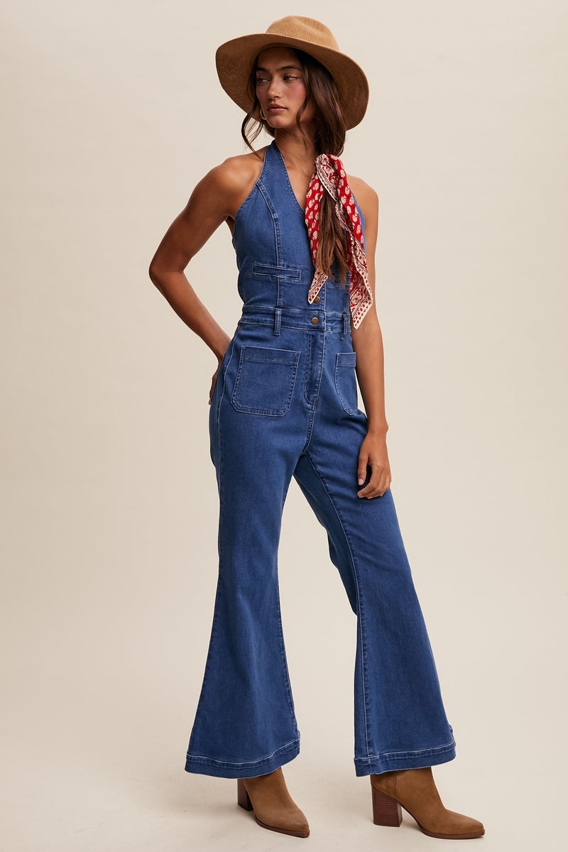 Retro Denim Vest Flared Pants Jumpsuit