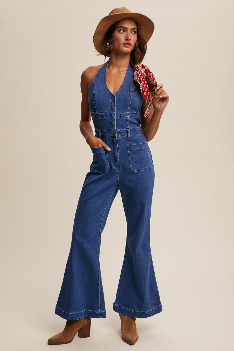 Retro Denim Vest Flared Pants Jumpsuit