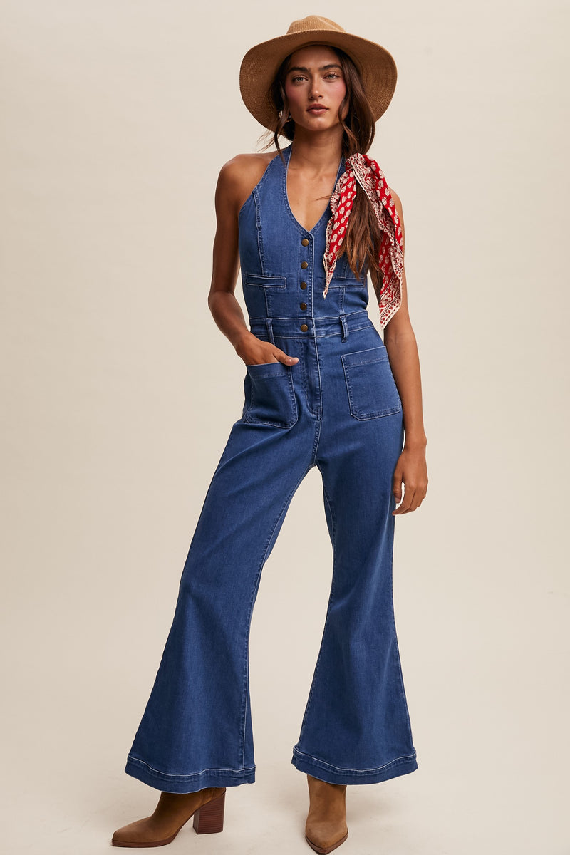 Retro Denim Vest Flared Pants Jumpsuit