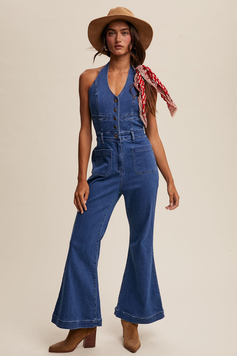 Retro Denim Vest Flared Pants Jumpsuit