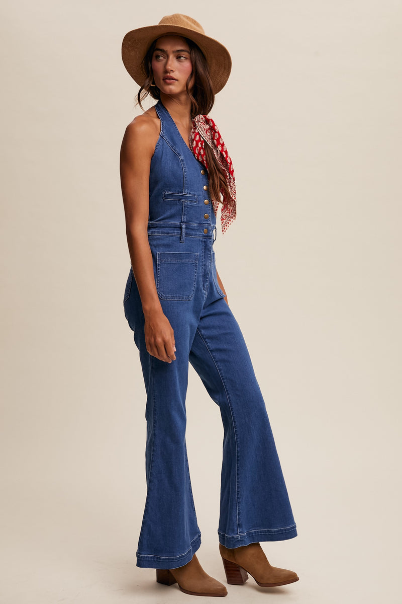 Retro Denim Vest Flared Pants Jumpsuit