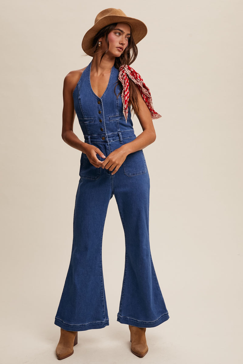 Retro Denim Vest Flared Pants Jumpsuit