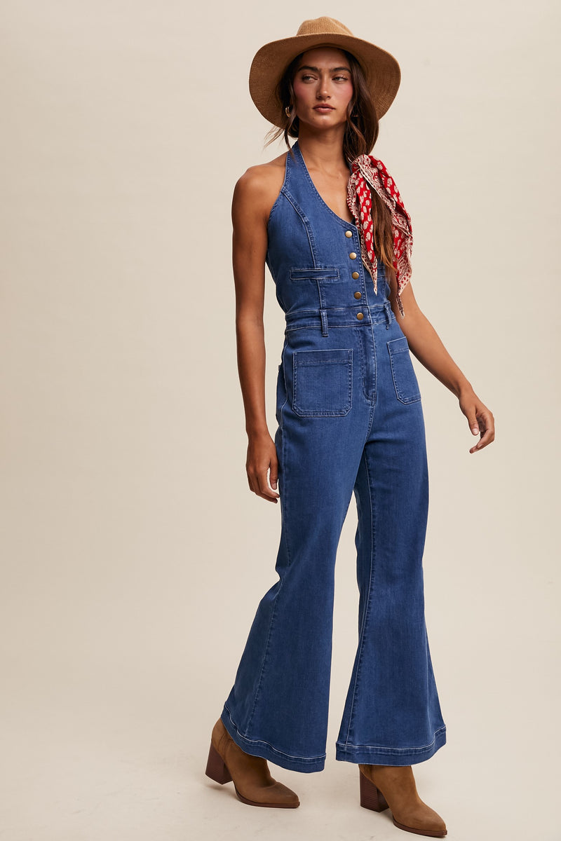 Retro Denim Vest Flared Pants Jumpsuit