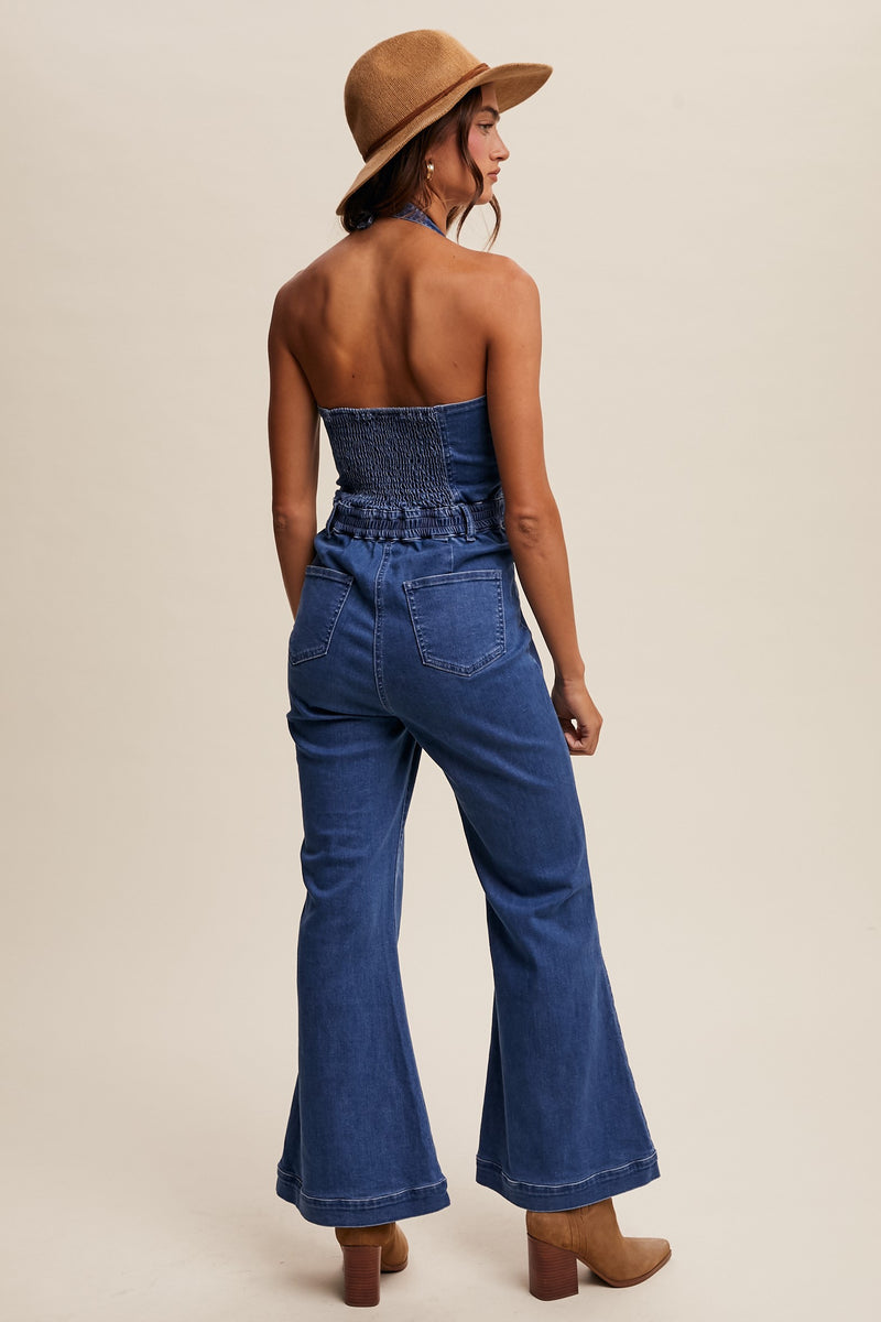 Retro Denim Vest Flared Pants Jumpsuit